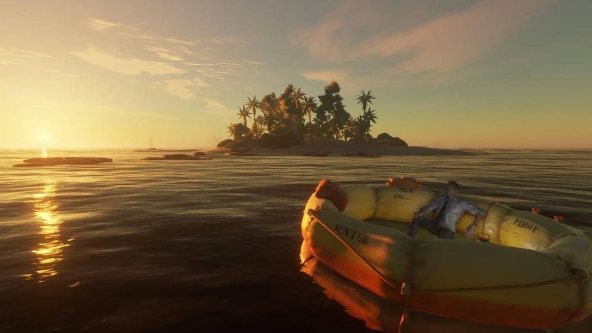 stranded deep character floating on raft toward island