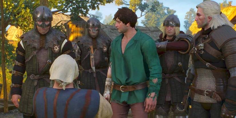 geralt of rivia with four guards, a dwarf, and a man