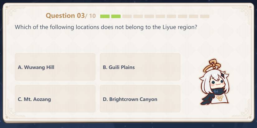 question asking "Which of the following locations does not belong to the Liyue region?"