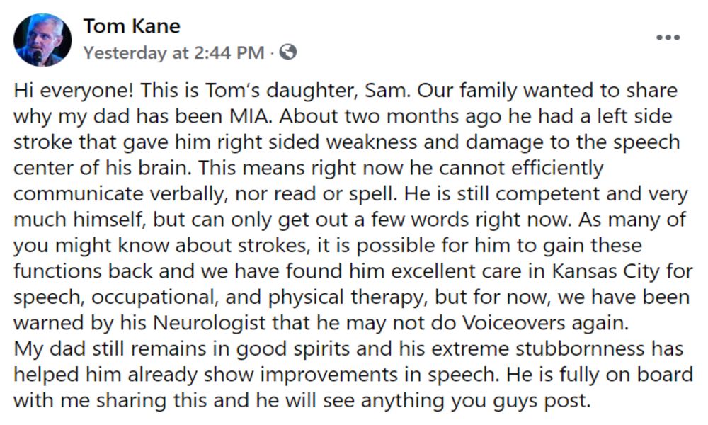 post about tom kane's stroke on facebook