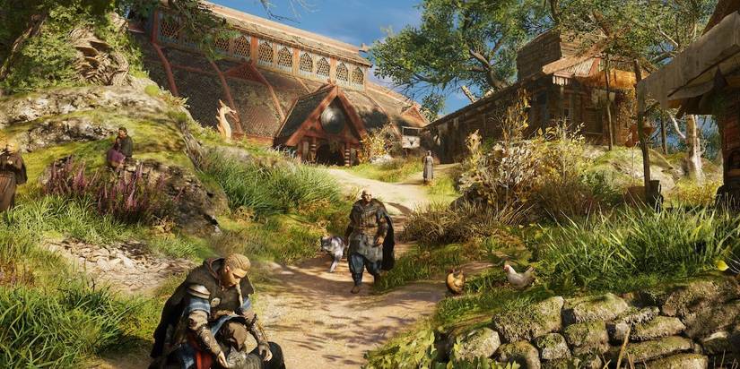 evior petting a cat in her homstead while a clan memeber walks by