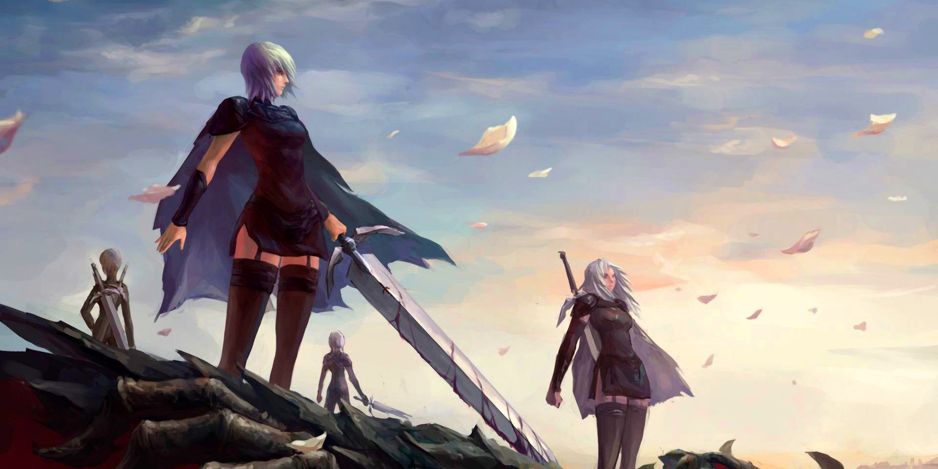 female warriors with swords from the claymore anime standing over a dead monster
