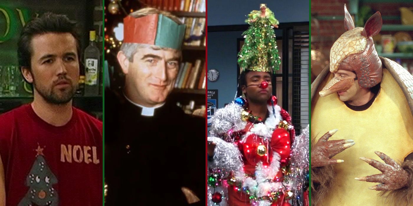 Stills from Christmas specials of It's Always Sunny in Philadelphia, Father Ted, Community and Friends