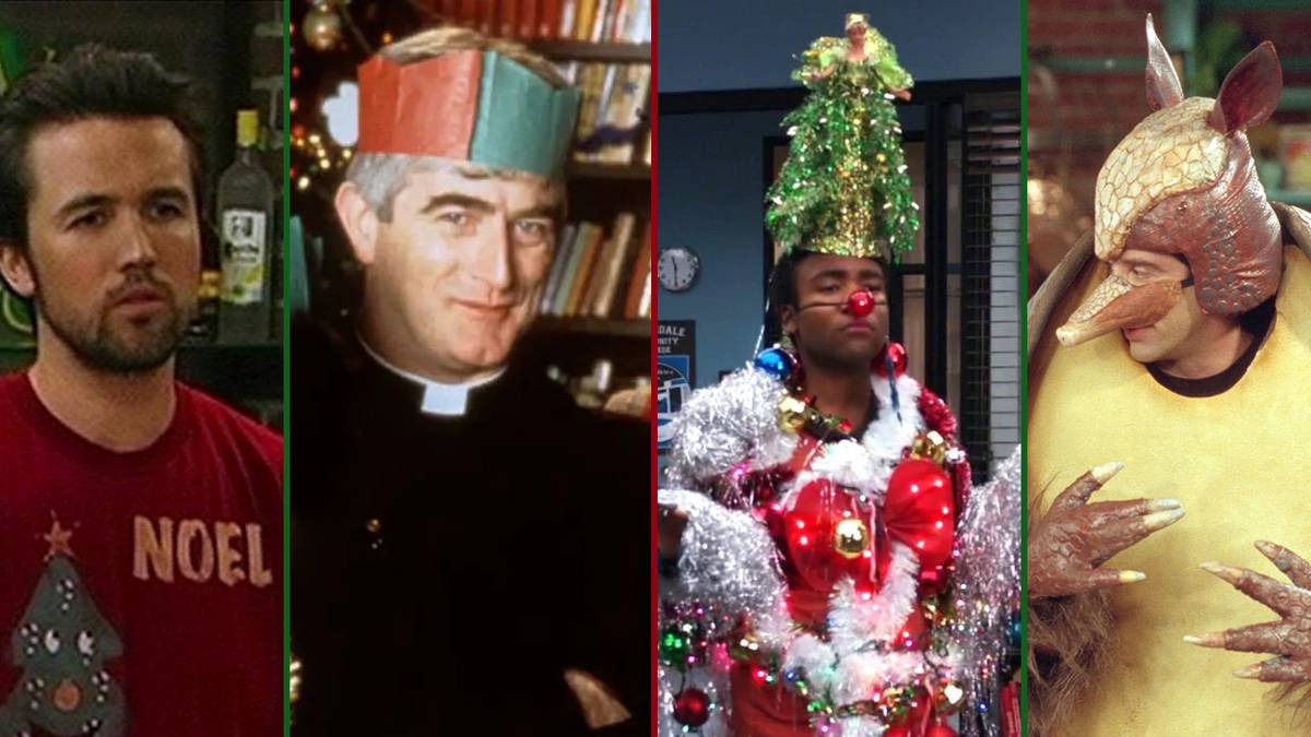 Stills from Christmas specials of It's Always Sunny in Philadelphia, Father Ted, Community and Friends