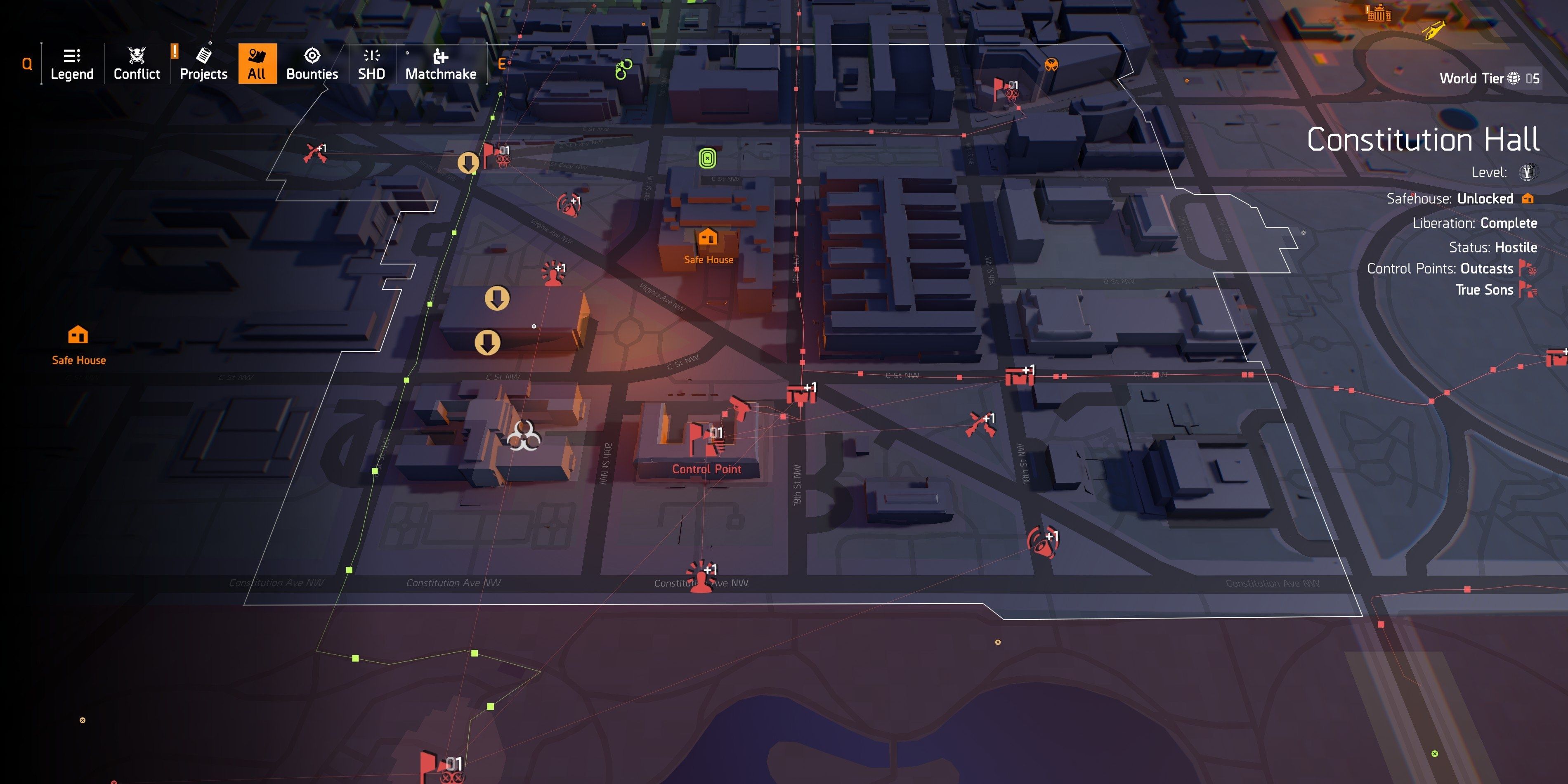 Alert levels are displayed on a map in The Division 2