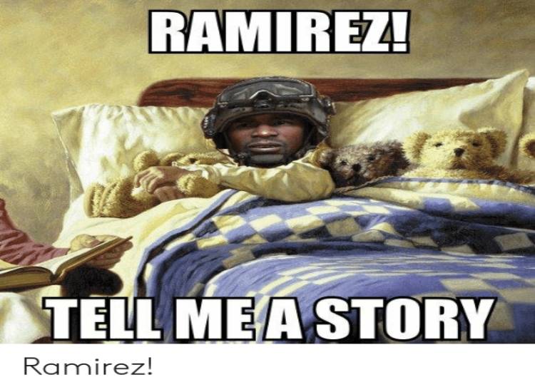 An image of sergeant foley on the bed with the caption _Ramirez! Tell me a story_