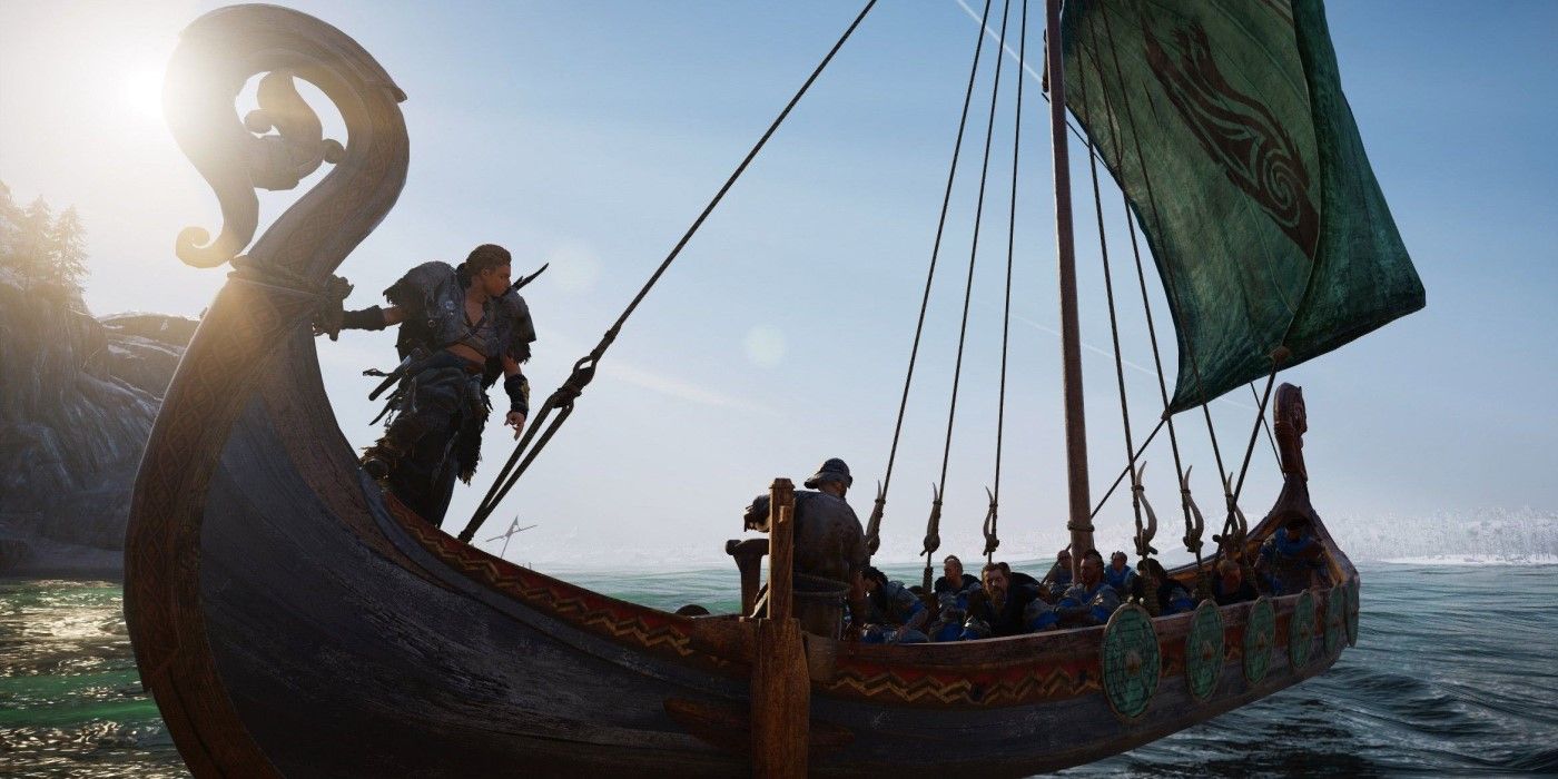 Assassin's Creed Valhalla River Raid Eivor commanding ship at sunset