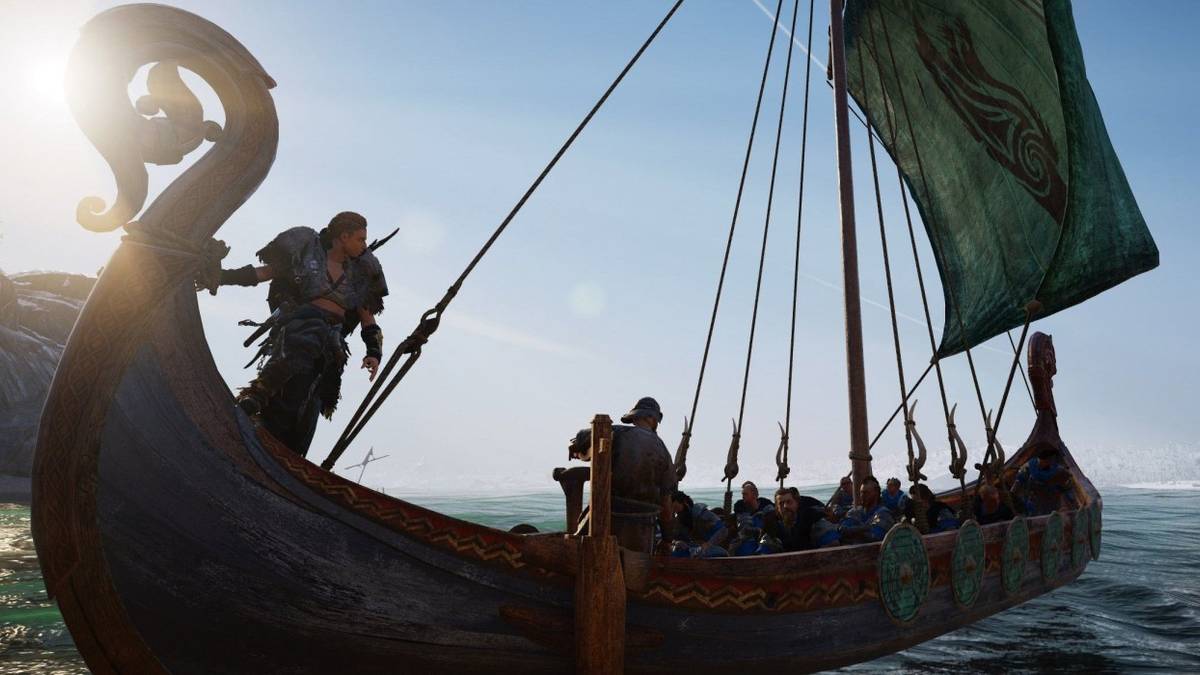 Assassin's Creed Valhalla River Raid Eivor commanding ship at sunset