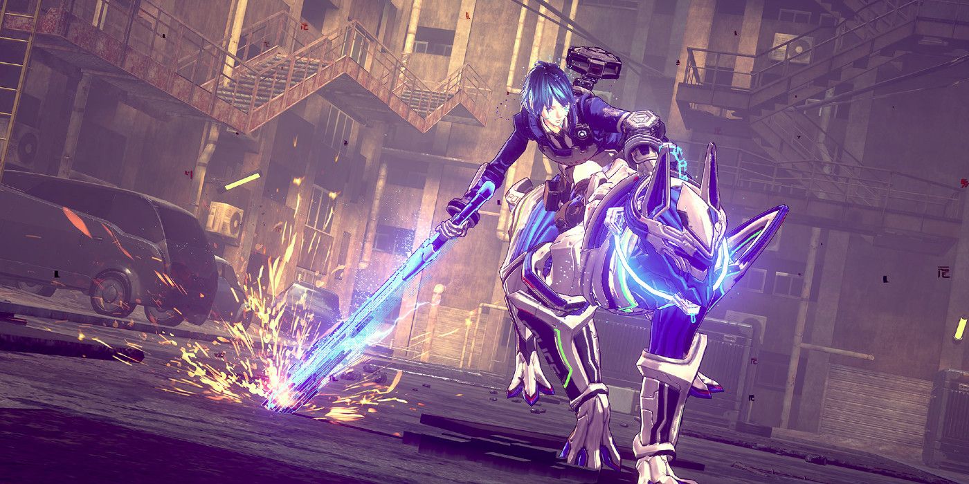 Hero riding robotic dog and dragging glowing sword in town in Astral Chain