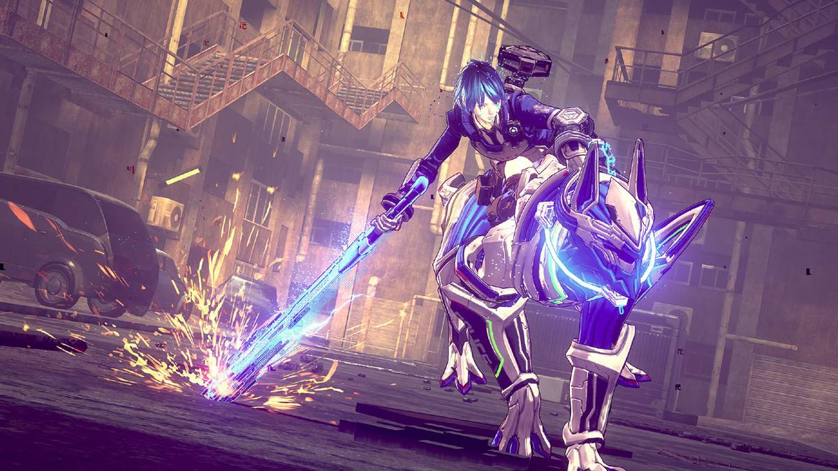 Hero riding robotic dog and dragging glowing sword in town in Astral Chain