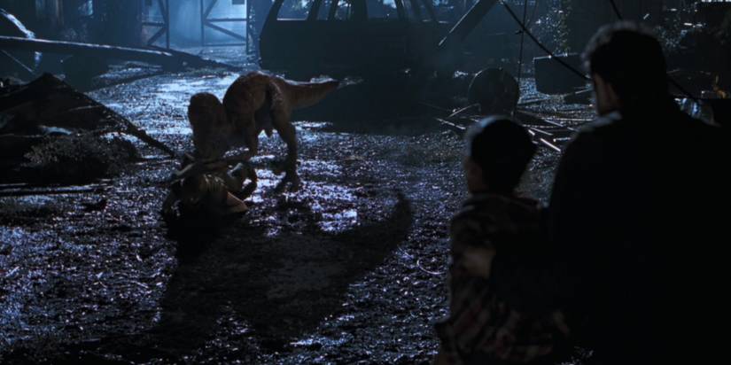 A raptor pounces on Sarah in The Lost World: Jurassic Park