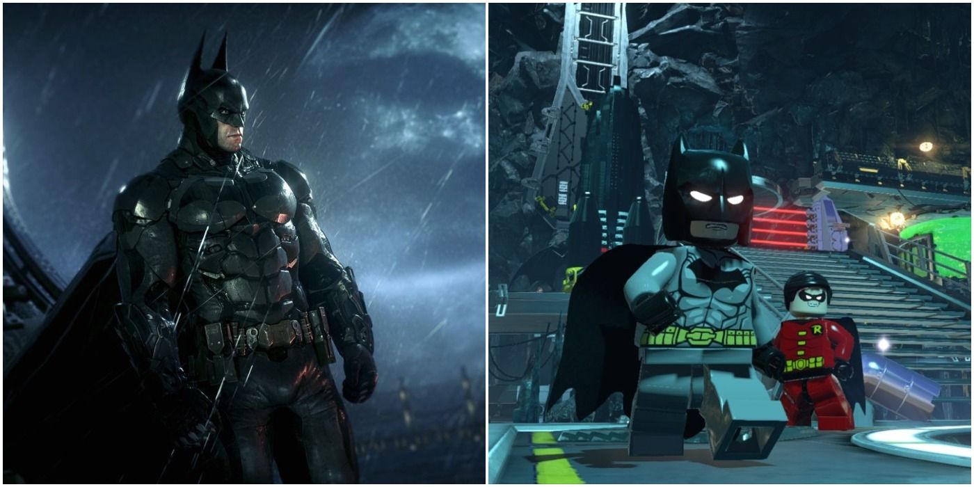 split image of Batman in Arkham Knight and Lego Batman