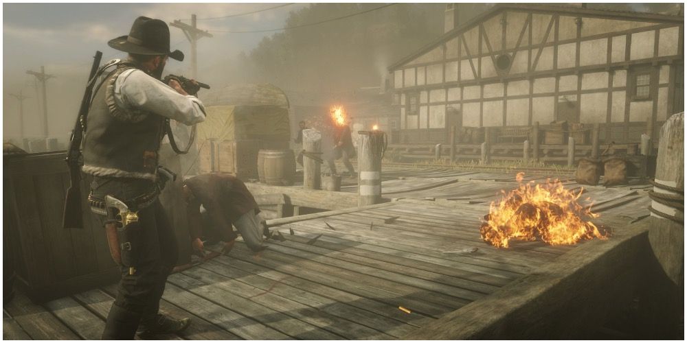 Arthur shooting an enemies with buckshot incendiary