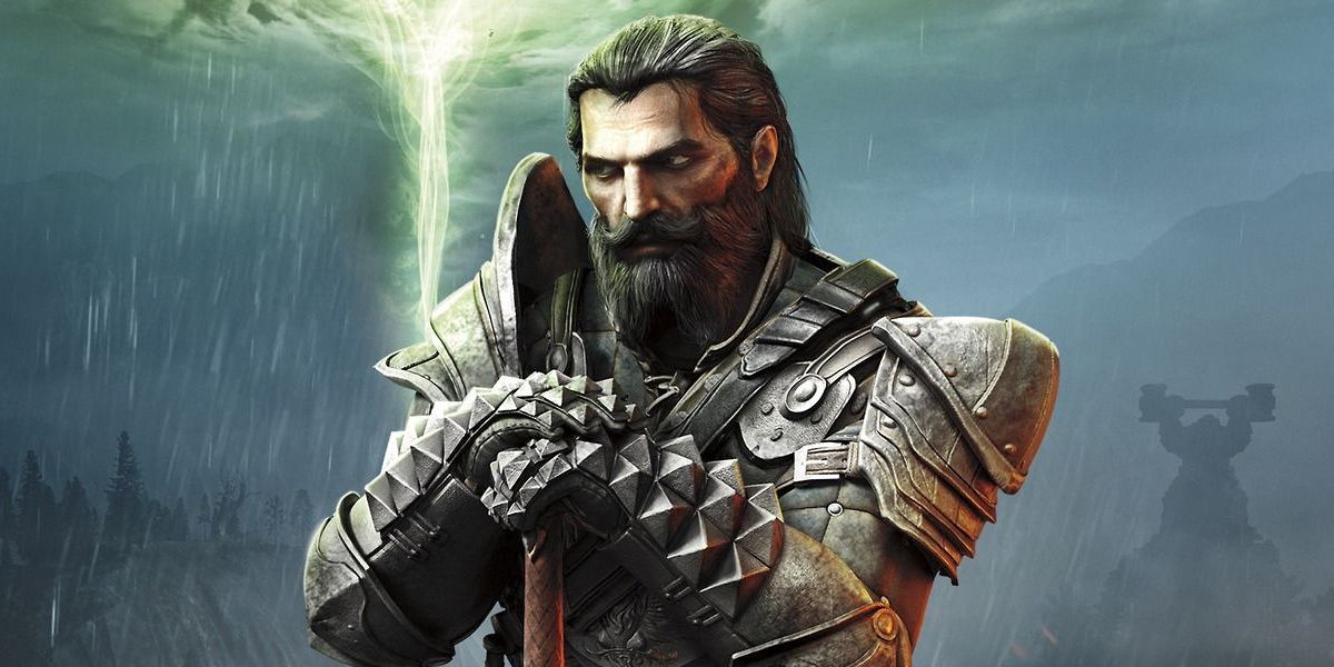 Game art of Blackwall in the rain in Dragon Age: Inquisition