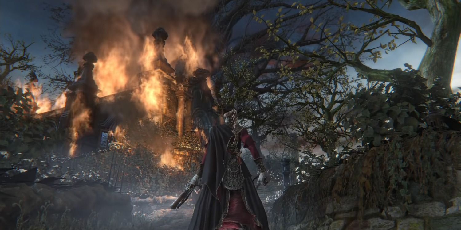 The worshop in Bloodborne set on fire after defeating Mergo's wetnurse