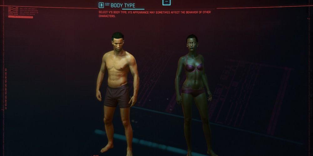Cyberpunk 2077 Экран создания персонажа с типом телосложения