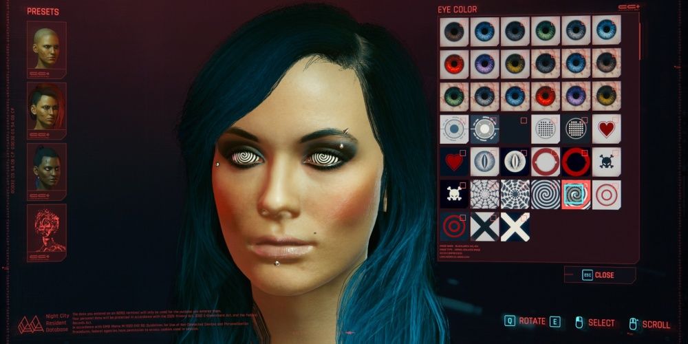Cyberpunk 2077 Character Creation Spiral Eye Color Selected
