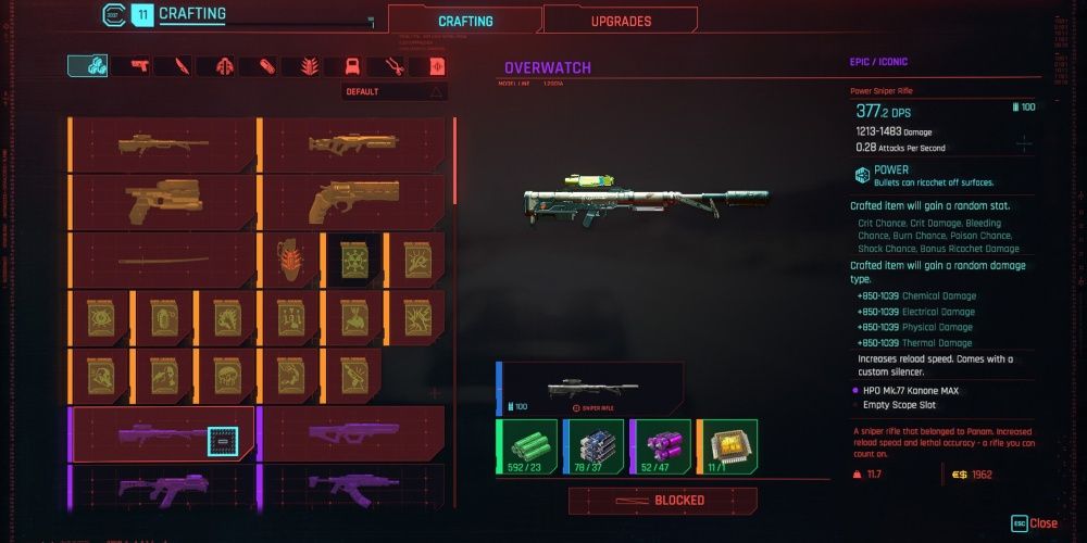 Cyberpunk 2077 Epic Overwatch Rifle In Equipment Menu