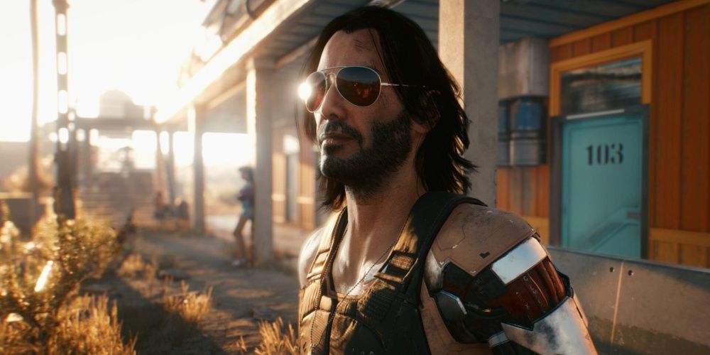 Cyberpunk 2077 Johnny Silverhand Looking Into Distance With Shades