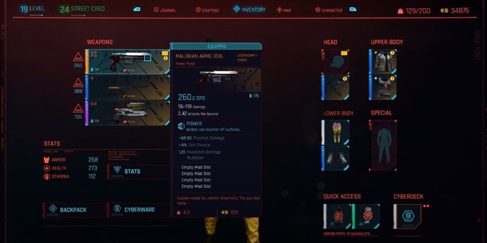 Cyberpunk 2077 Malorian Arms 3516 Equipped On V