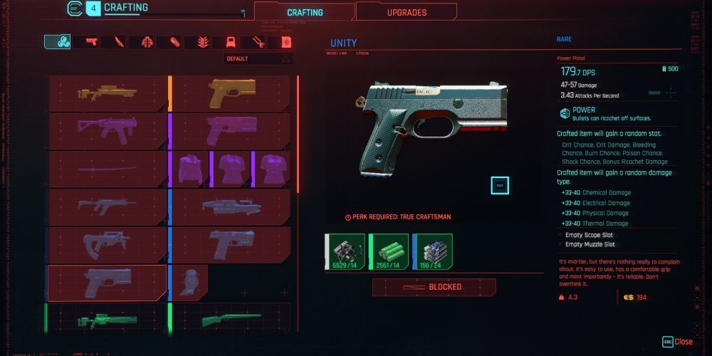 Cyberpunk 2077 Rare Unity In Crafting Menu