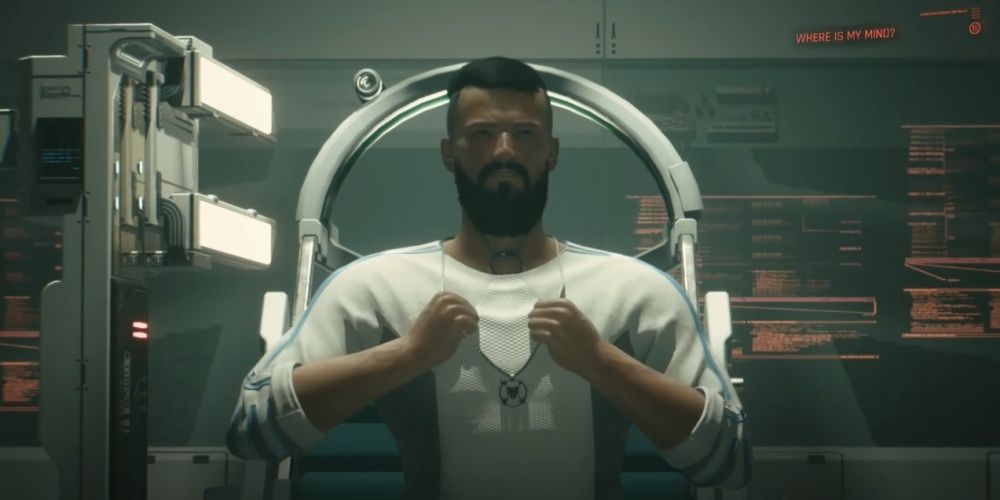 Cyberpunk 2077 The Devil Ending V Sits In Chair Puts On Necklace
