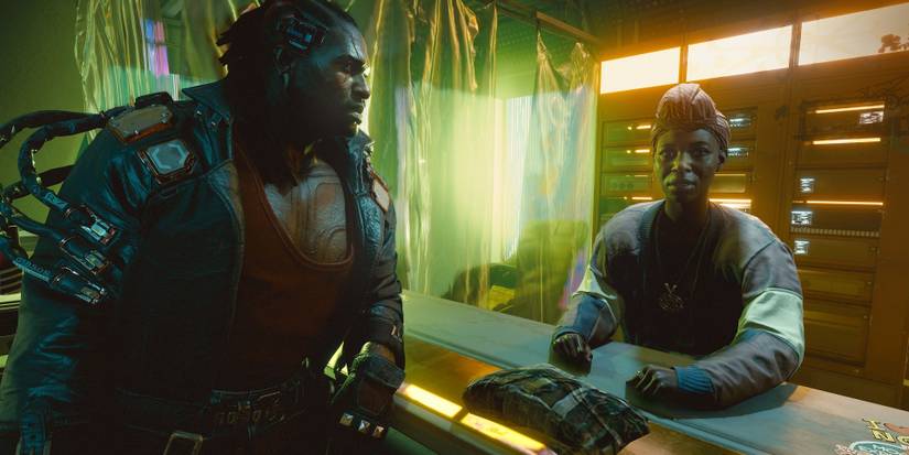 Placide talking to a woman in Cyberpunk 2077