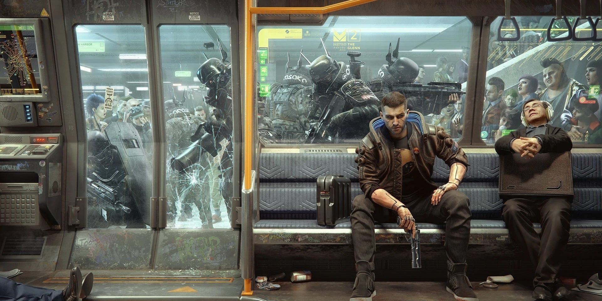 Arasaka Soldiers in a subway train in Cyberpunk 2077