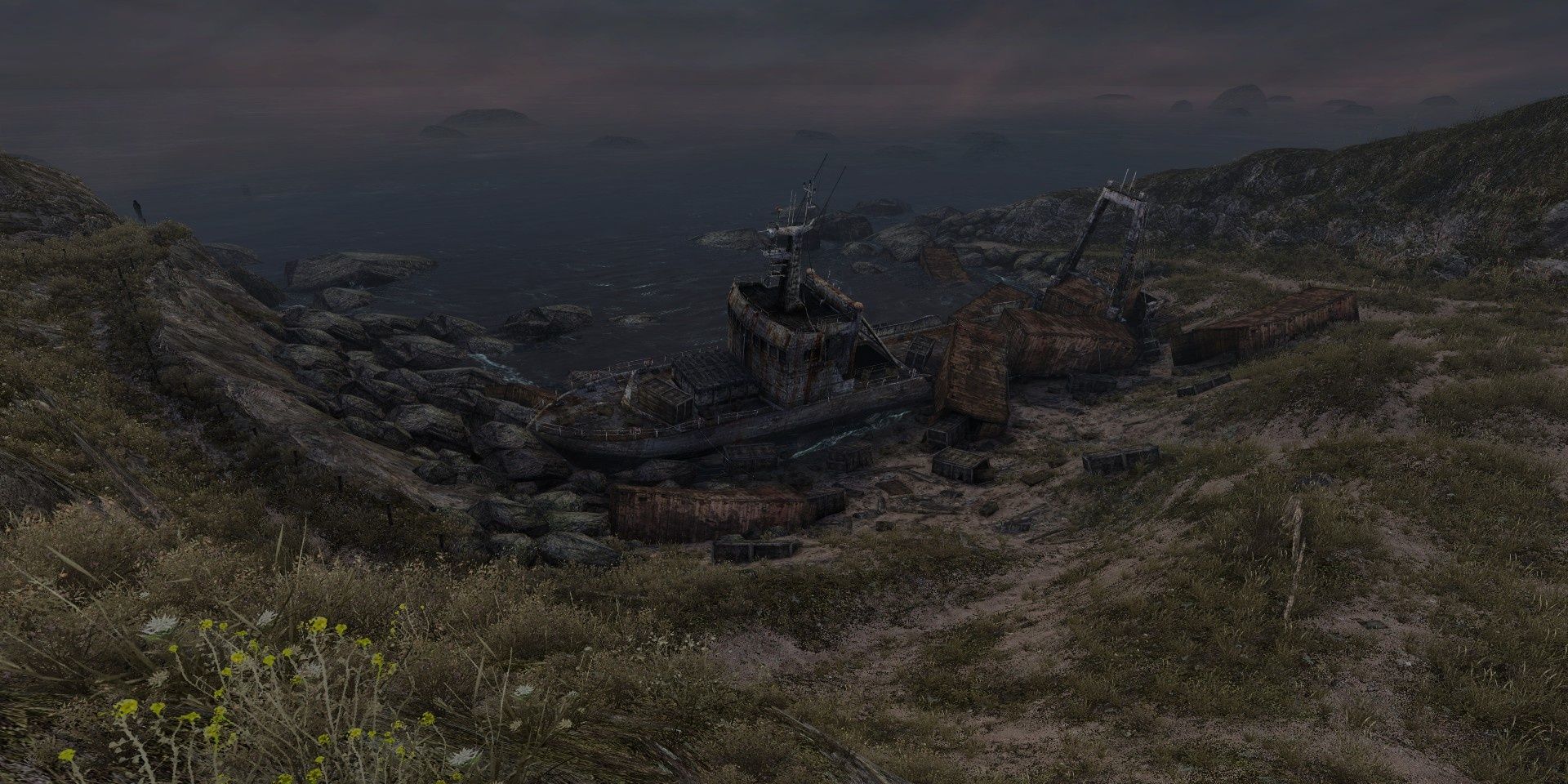A shipwreck at the shores in Dear Esther