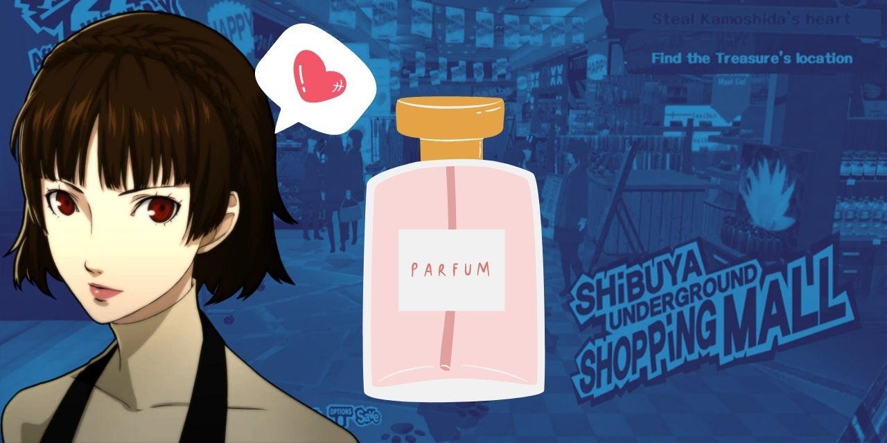 A picture of Makoto Niijima from Persona 5 royal against a blue background with a perfume bottle