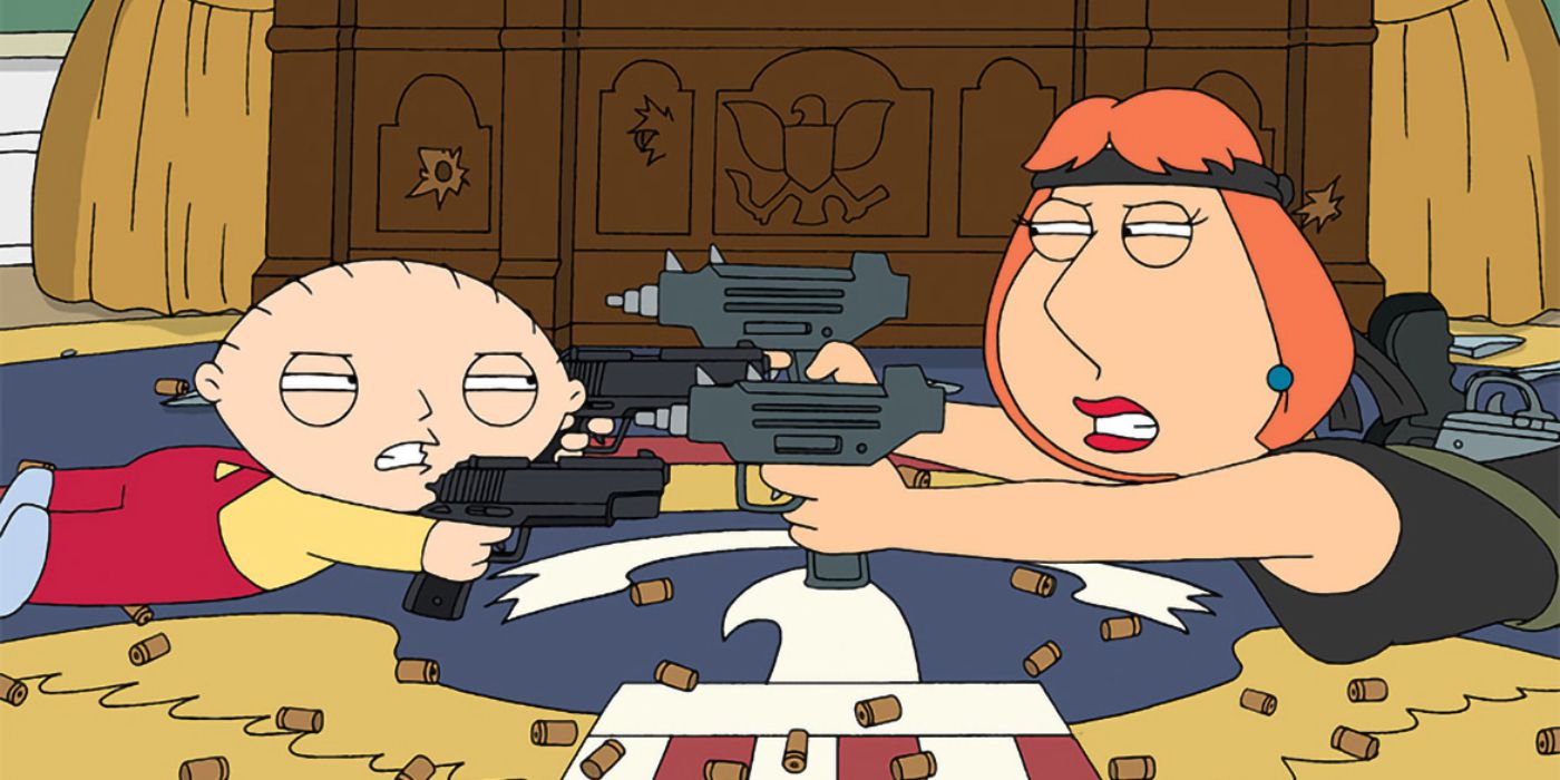 Family Guy Screenshot Stewie and Lois pointing guns at each other