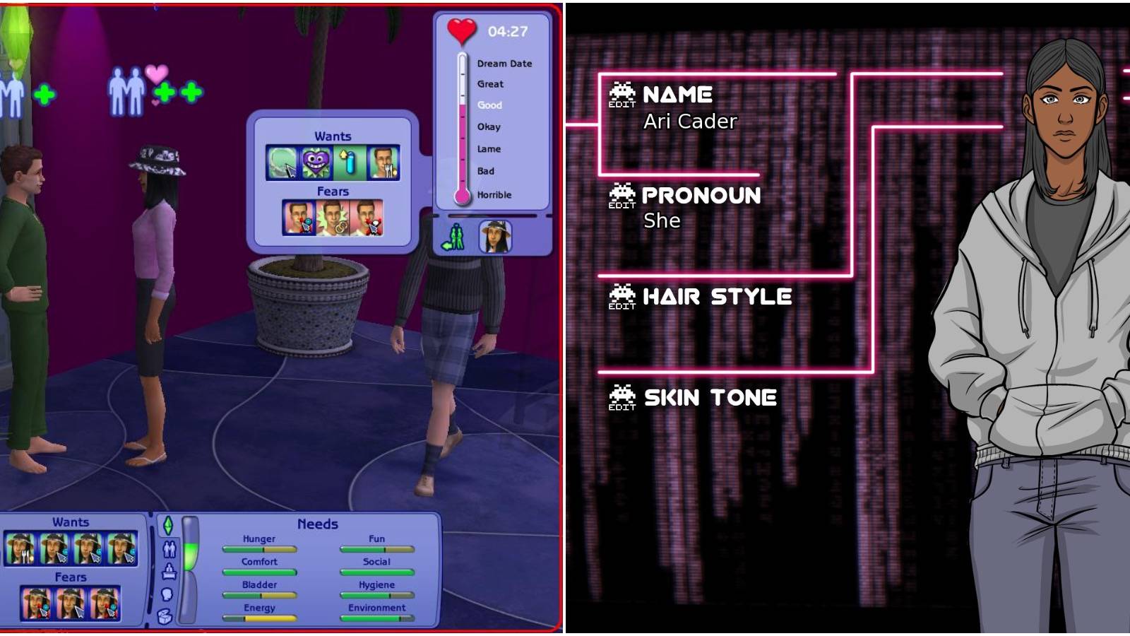 Sims in The Sims 2 on a date and the character creation in Arcade Spirit