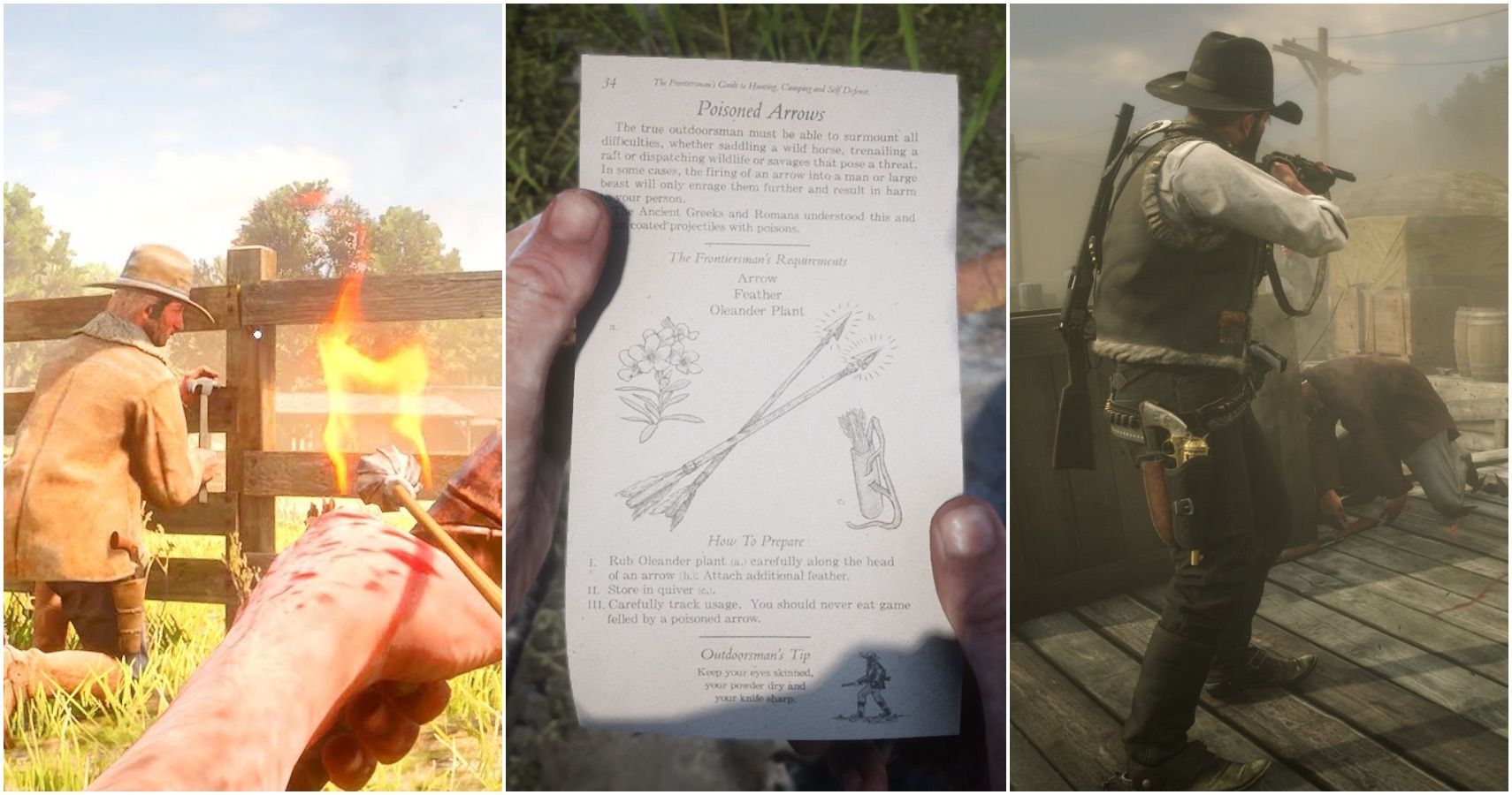 A player about to shoot a fire arrow, finding the poison arrow pamphlet, and a player shooting a shotgun