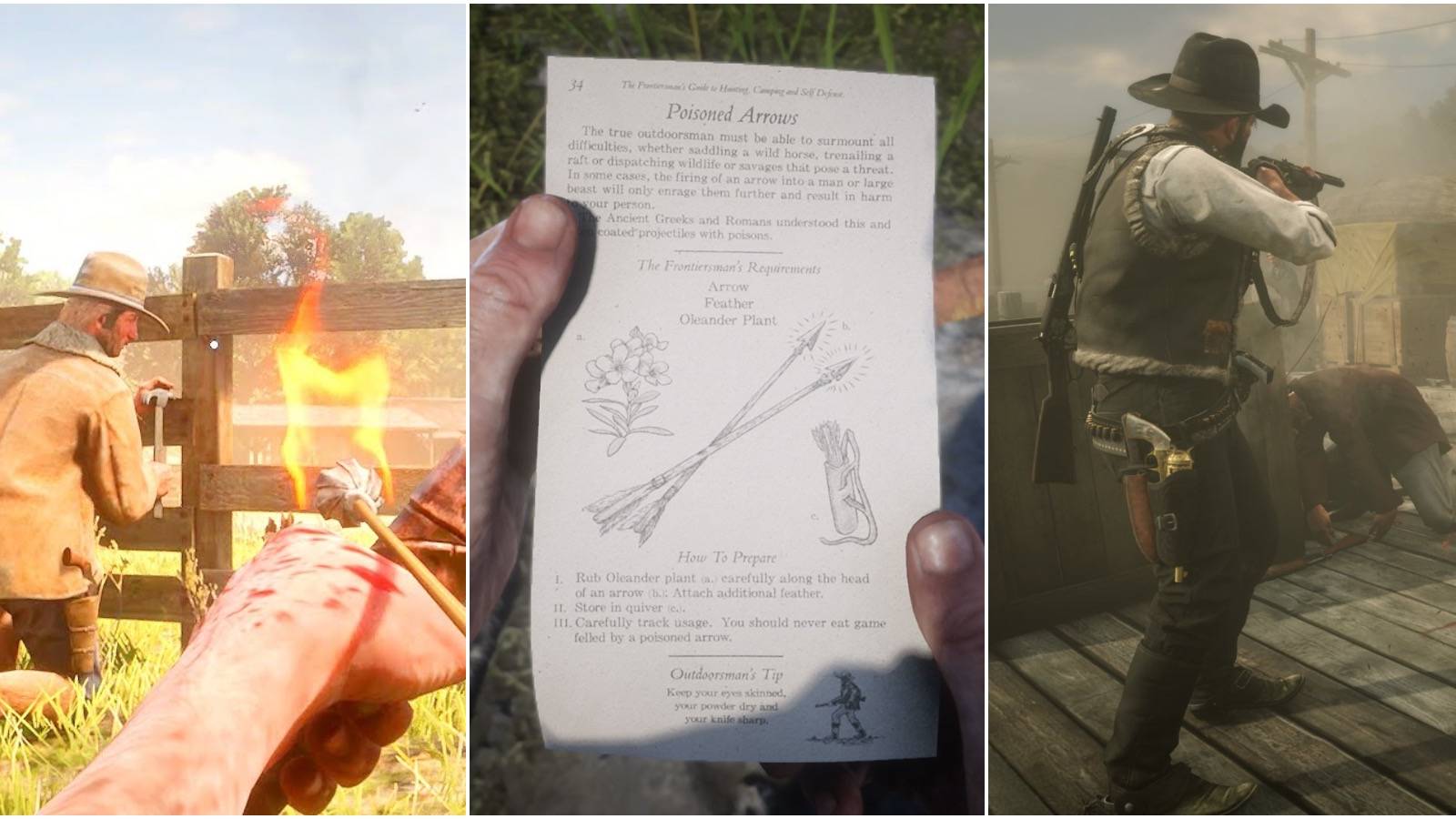 A player about to shoot a fire arrow, finding the poison arrow pamphlet, and a player shooting a shotgun