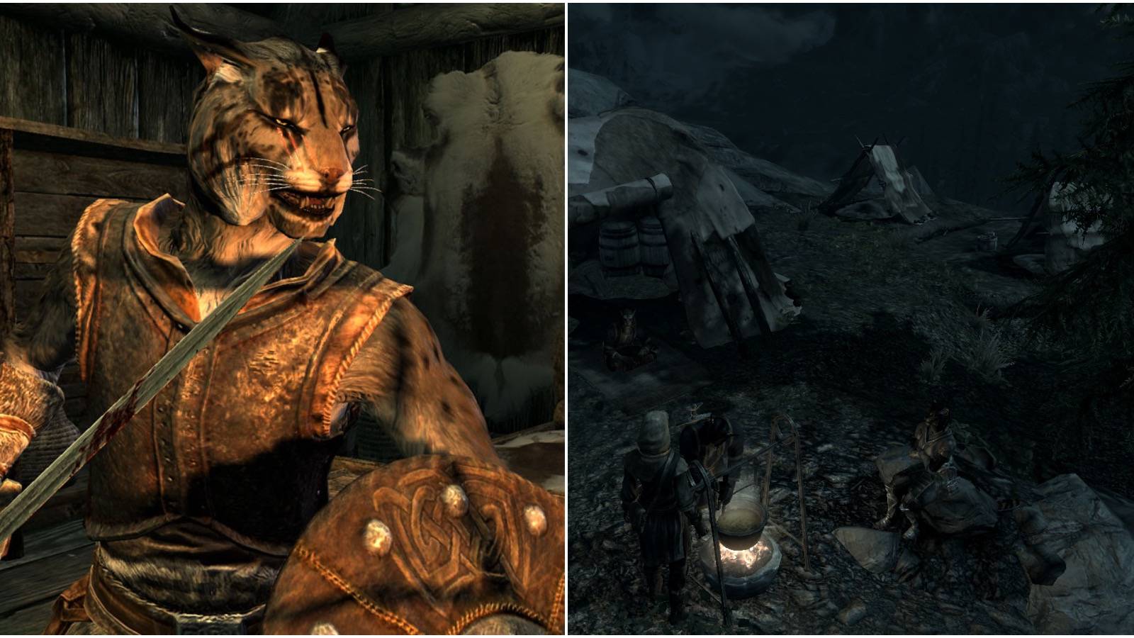 A snarling Khajiit plus a Khajiit camp