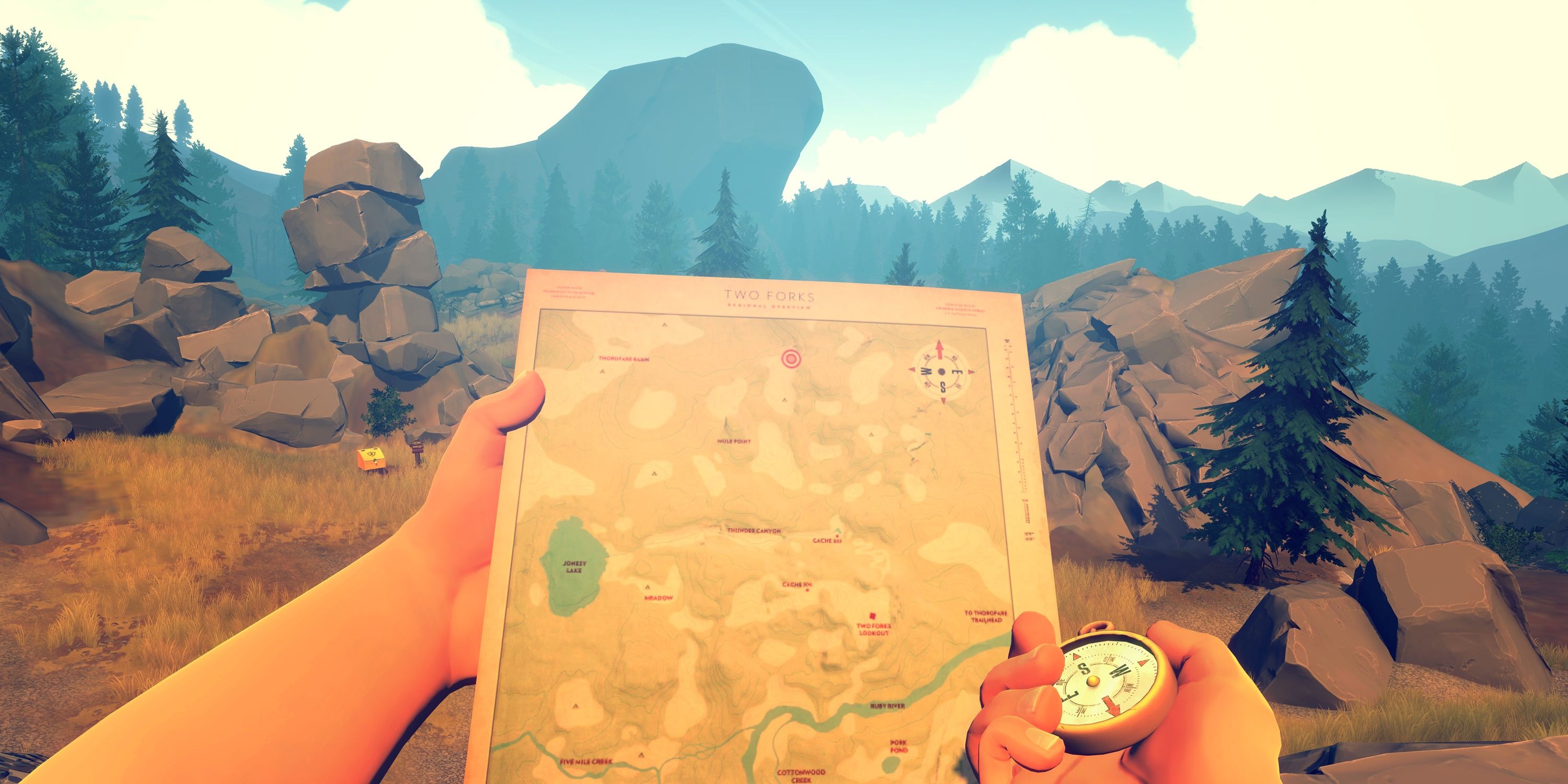 Henry using a map and compass in Firewatch