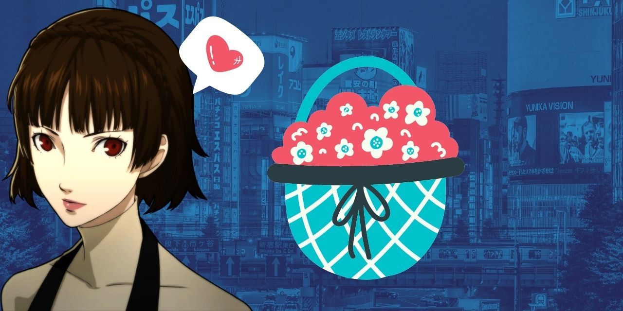 A picture of Makoto Niijima from Persona 5 royal against a blue background with a flower basket