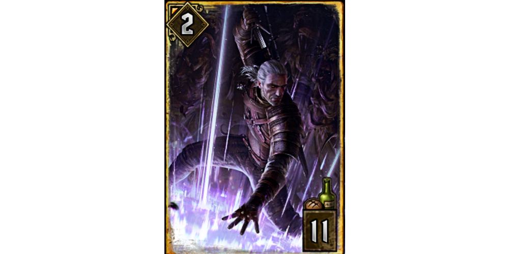 yrden card from gwent, geralt using the purple sign on the ground.