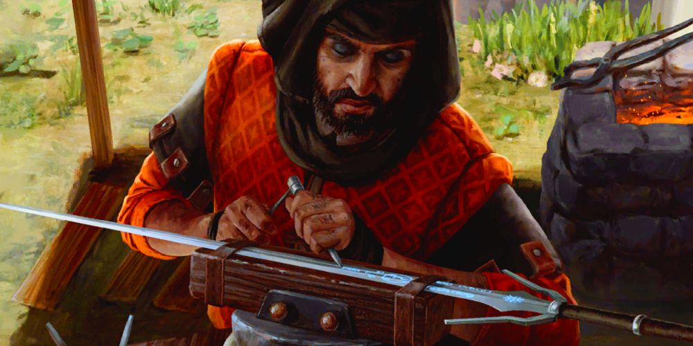 crop of the runewright card from gwent showing a craftsman working on a sword