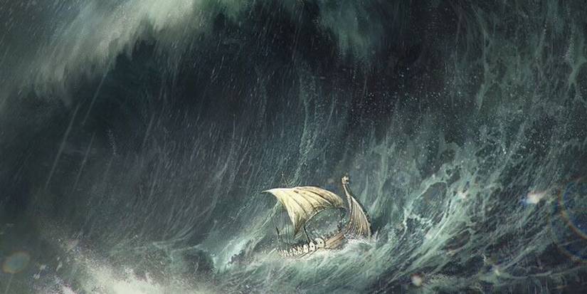 a boat about to be destroyed by a huge tidal wave in the sea