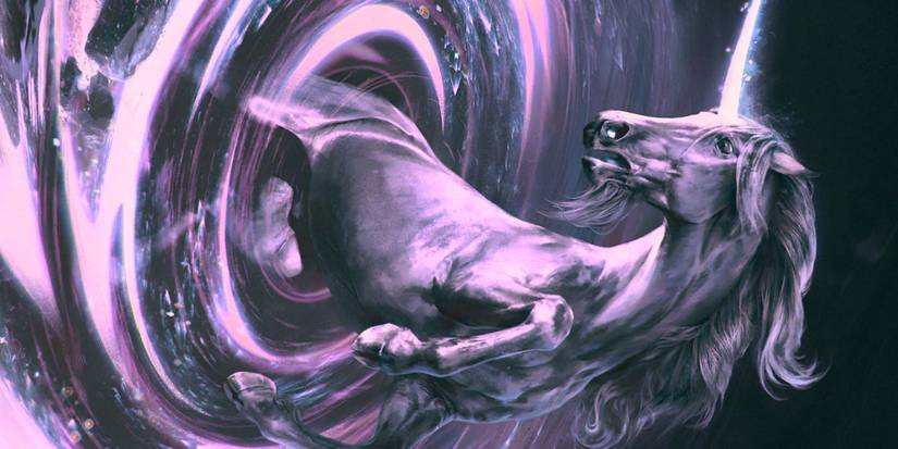 a unicorn coming through a portal with teleportation magic