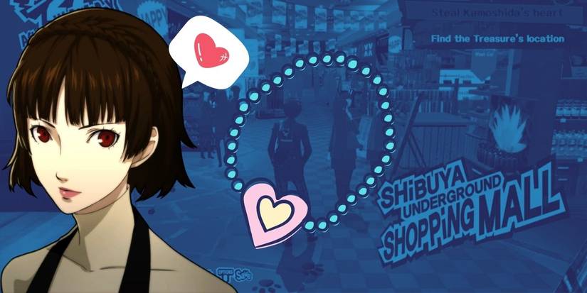 A picture of Makoto Niijima from Persona 5 royal against a blue background with a heart necklace