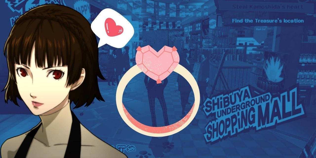 A picture of Makoto Niijima from Persona 5 royal against a blue background with a heart ring