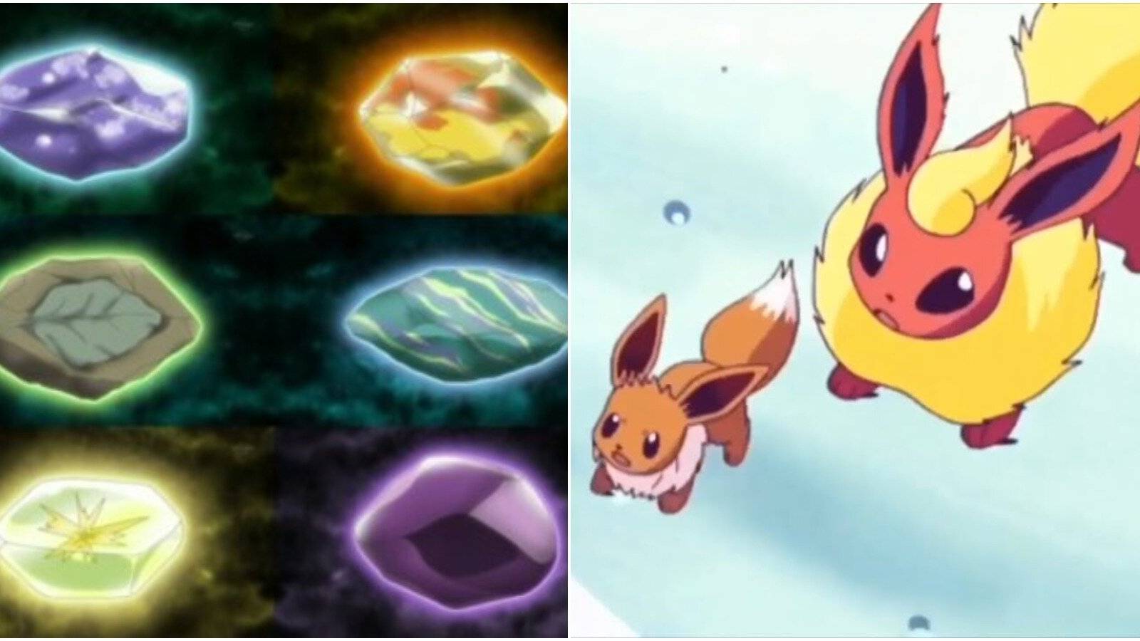 split image of evolution stones and eevee with flareon