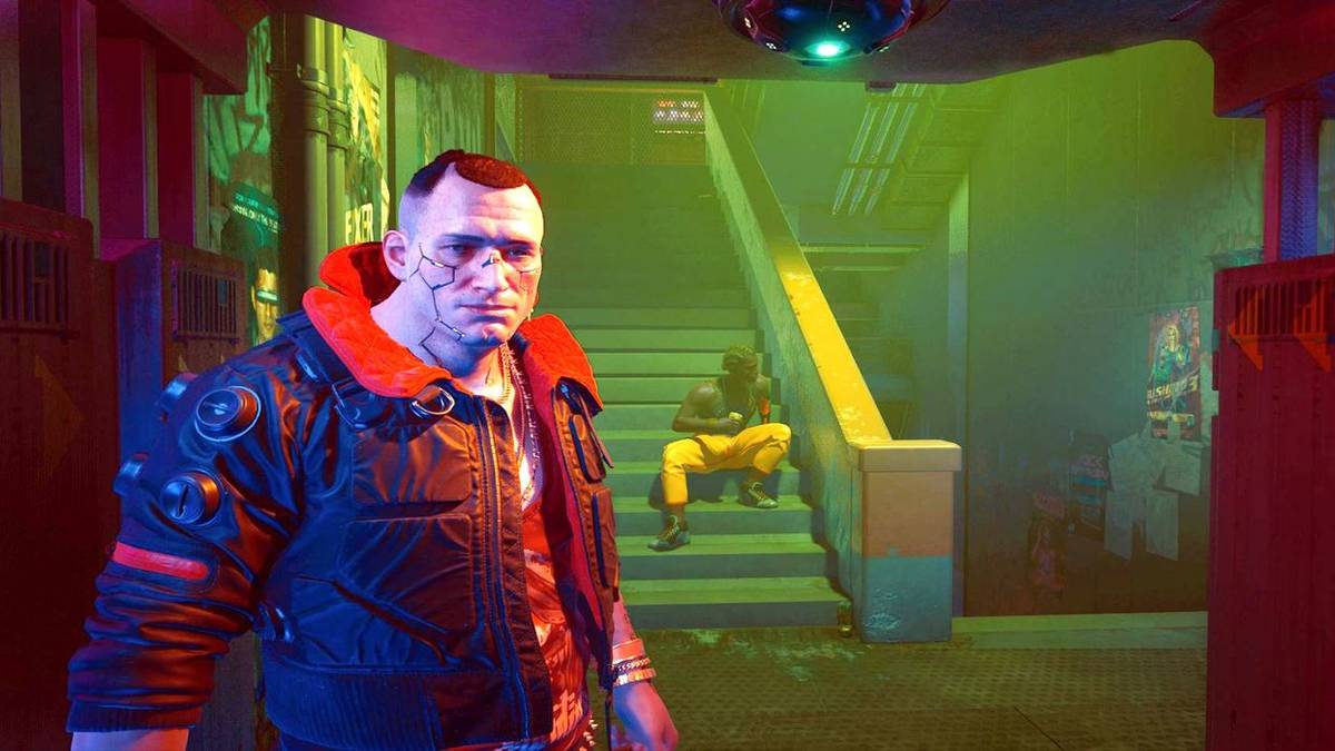 Jackie Welles from Cyberpunk 2077 next to a stairwell