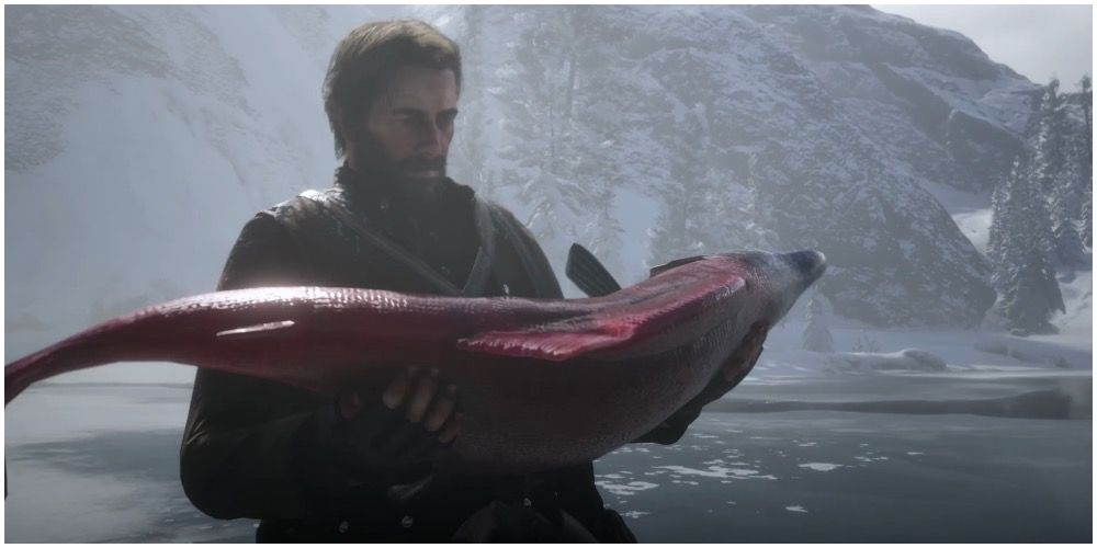 Arthur Morgan holding a sockeye salmon