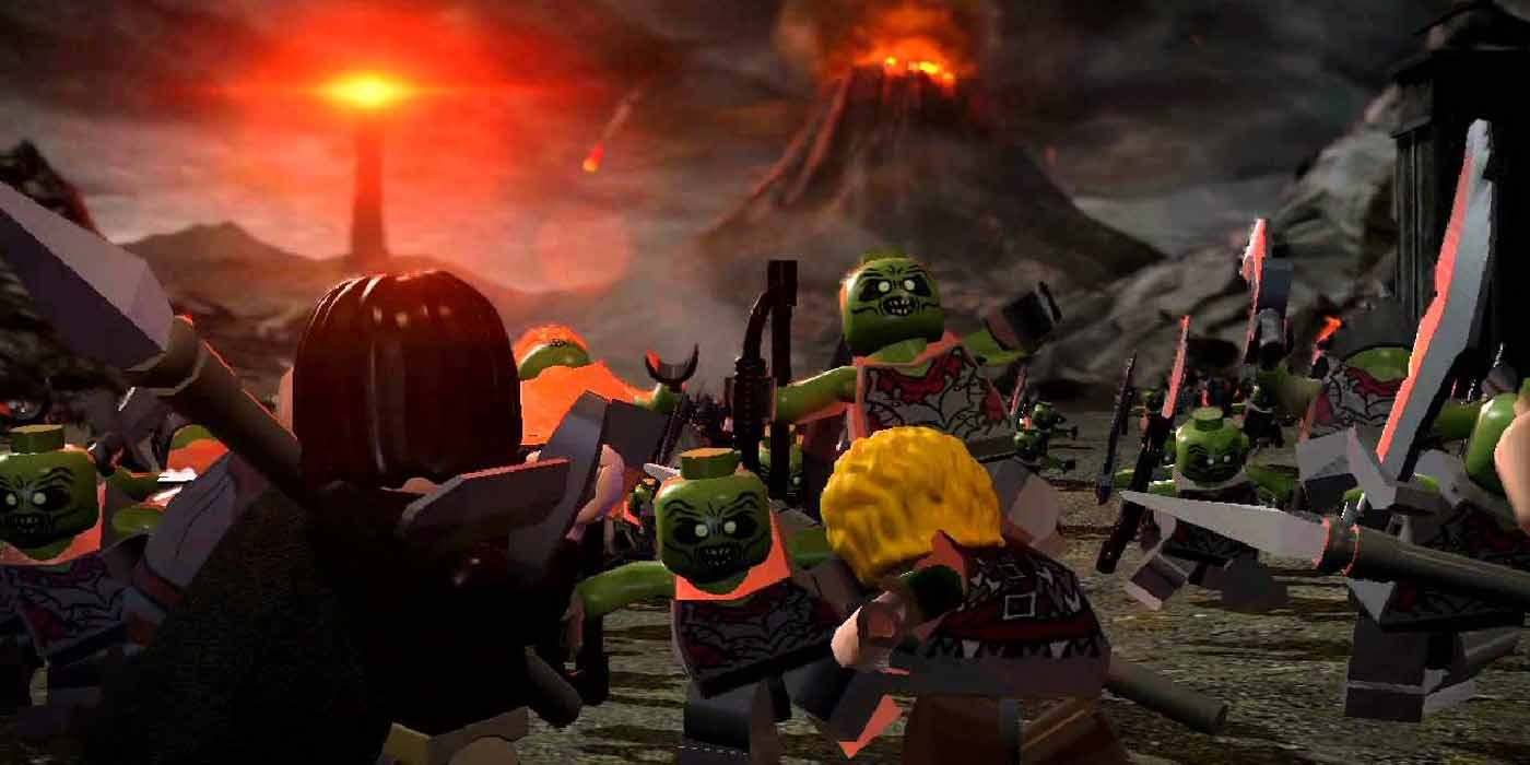 Fighting the orc horde in the Lego Lord of the Rings game.