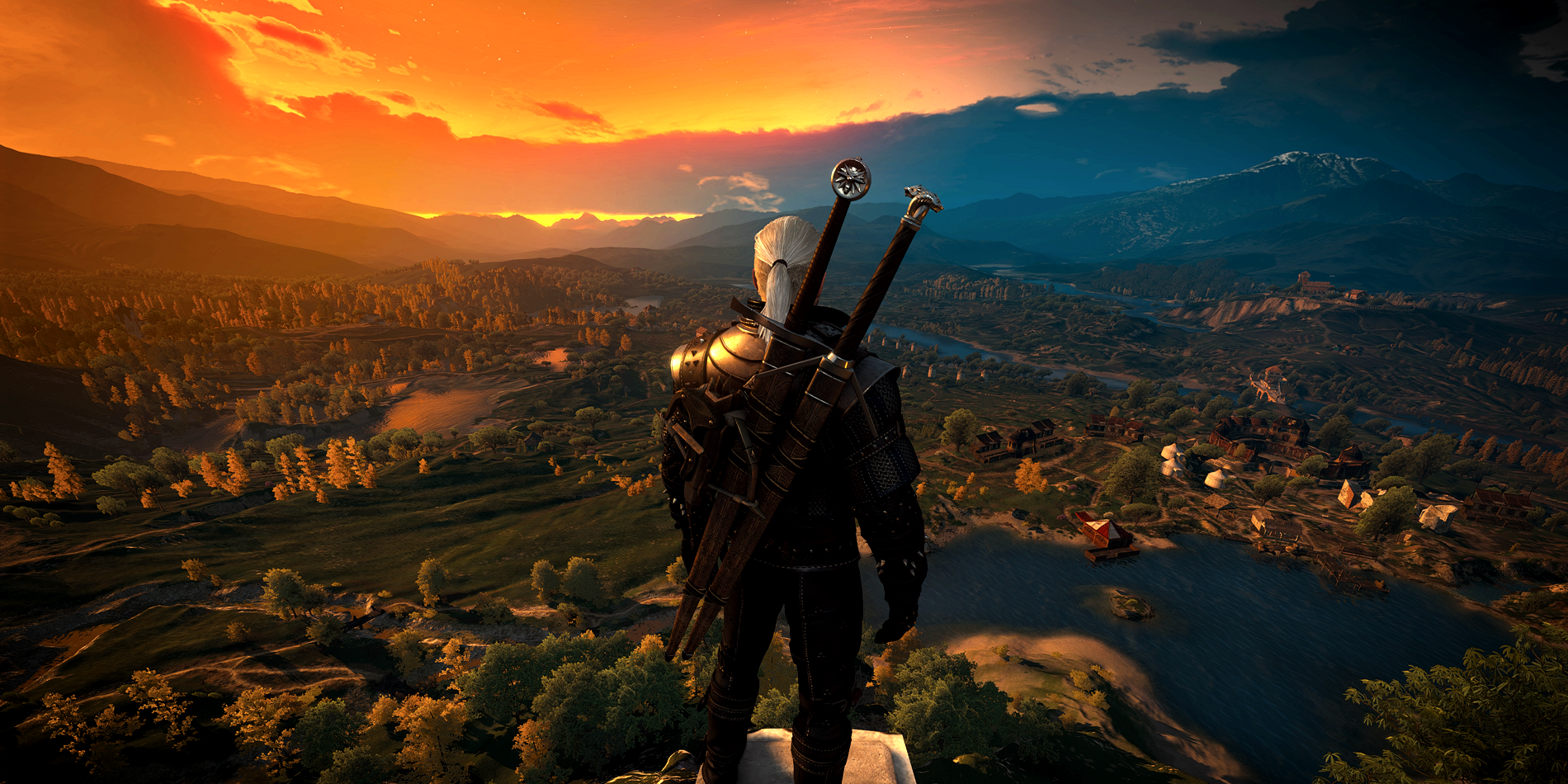 Geralt stands elevated looking down on the world at sunset, Witcher 3