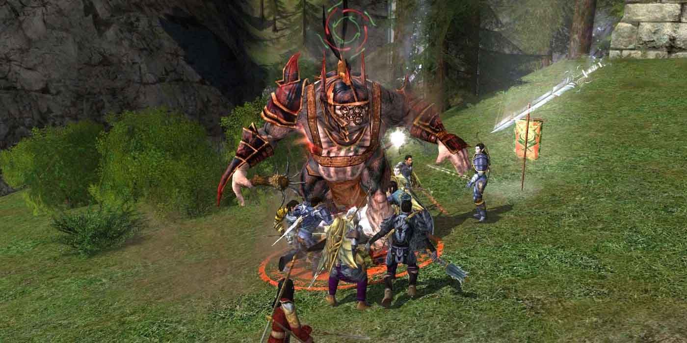 Players teaming-up to defeat a large monster in Lord of the Rings Online.