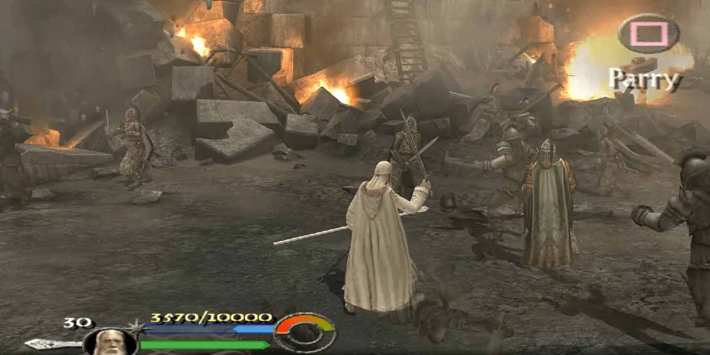 Playing as Gandalf in Lord of the Rings: Return of the King for the PS2.